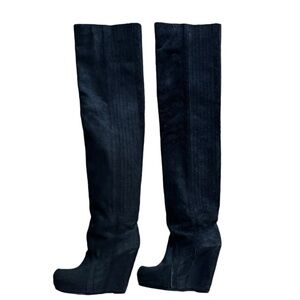 Rick Owens Thigh High Textured Suede and leather Wedge Boots sz. 38